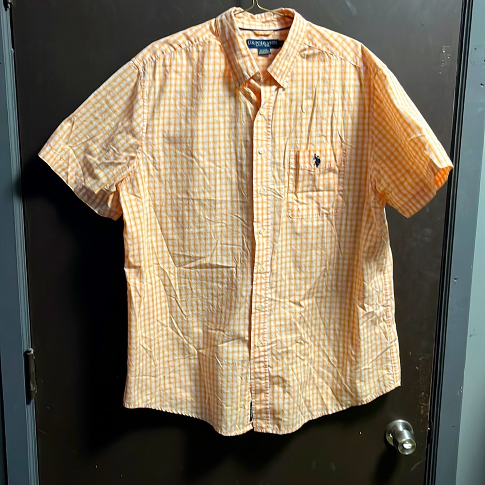 Orange U.S. POLO ASSASIN shirt sleeve men's button up checkered shirt